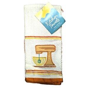 Kitchen Mixer Towels Embroidered Applique Orange Yellow White 2-Pc Gift NEW